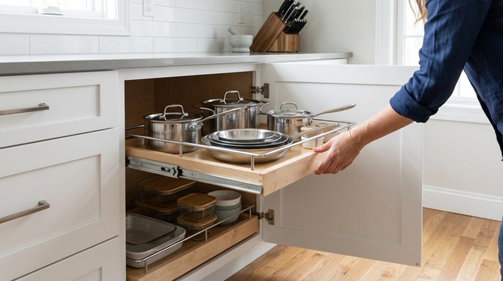 Pull-out kitchen organizer roll-out shelf for lower cabinet storage