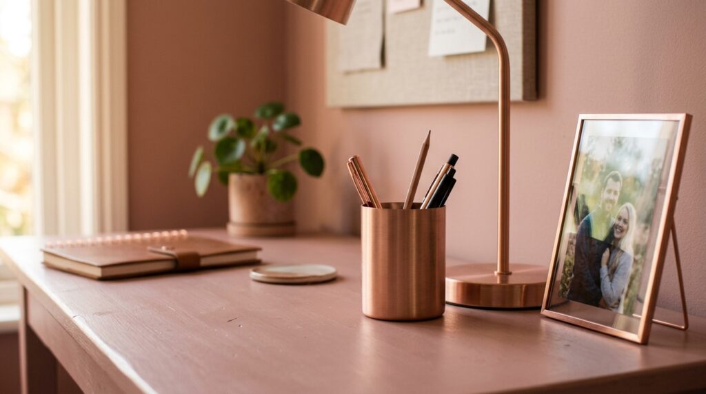 Rose gold desk accessories paired with dusty pink decor