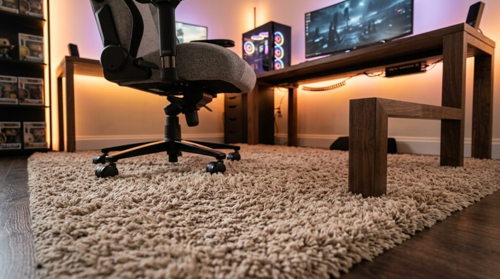 Plush neutral rug under cozy gaming desk setup