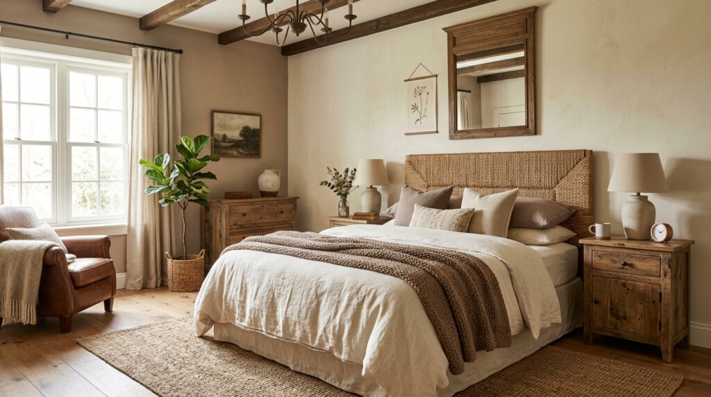 Rustic farmhouse bedroom idea for couples with woven headboard and reclaimed wood nightstand