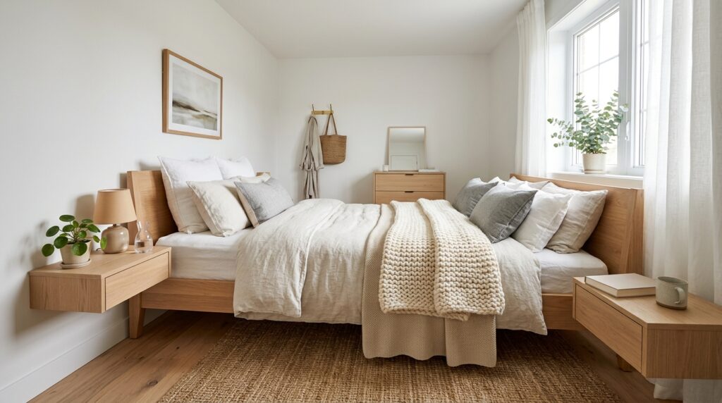 Scandinavian cozy bedroom idea for couples with light wood and layered knit textiles