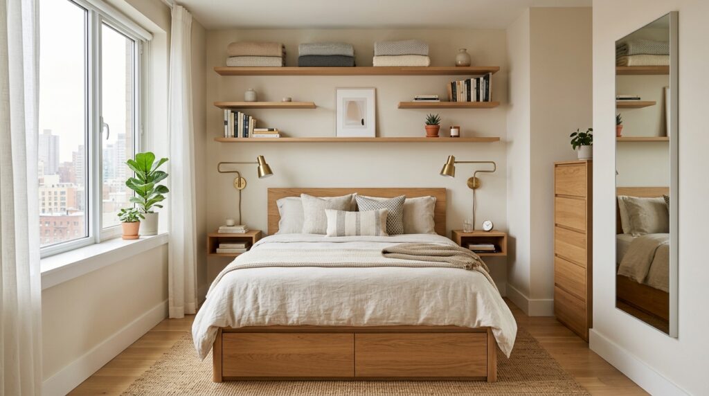 Small apartment bedroom idea for couples with storage bed and wall-mounted shelving