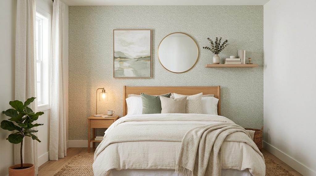 Small bedroom wall decor with a soft accent wall, framed artwork, decorative mirror, floating shelf, and neutral cozy styling