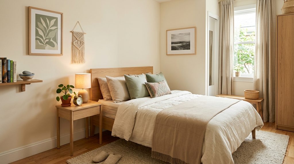 Personalized small bedroom aesthetic with neutral bedding, framed photos, books, plants, warm lighting, and meaningful decor