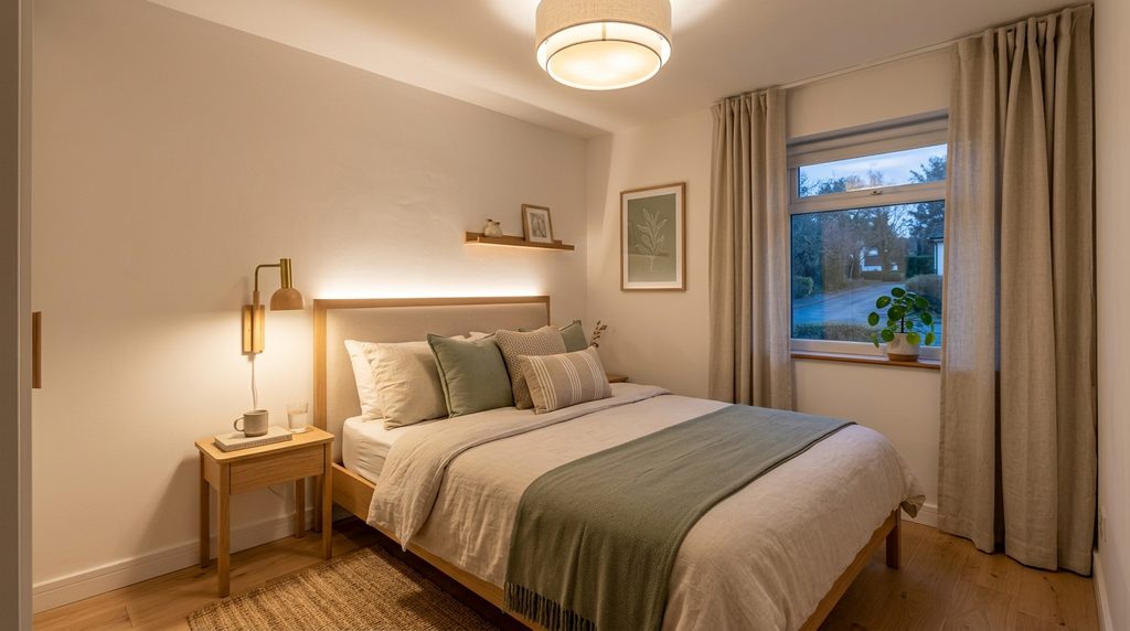 Cozy small bedroom lighting setup with warm bedside lights, soft ambient glow, neutral bedding, and light wood furniture