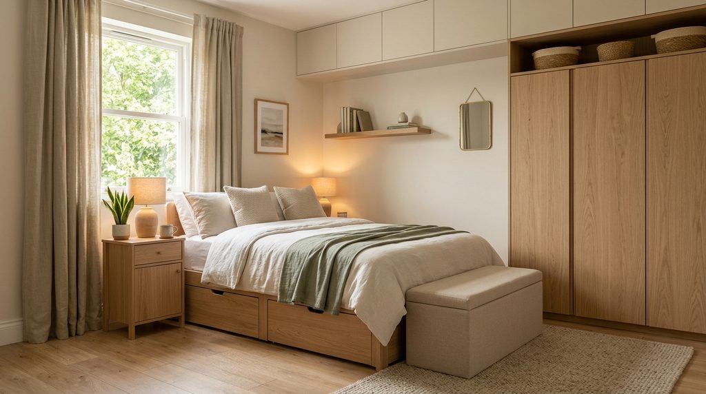 Small bedroom storage ideas with under-bed drawers, tall wardrobe, closed storage, floating shelf, and light wood furniture