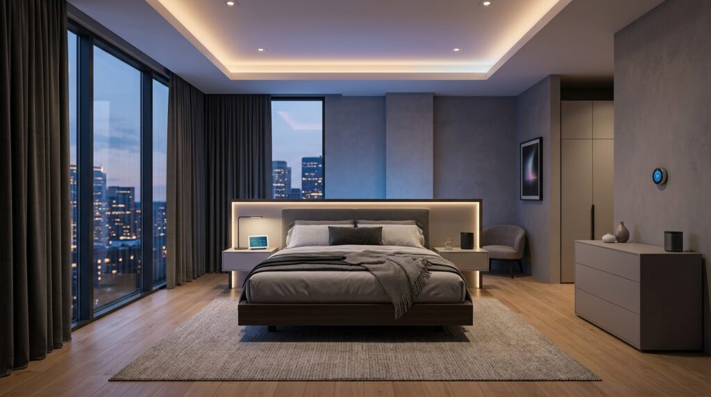 Smart tech-integrated bedroom idea for couples with automated lighting and blackout curtains
