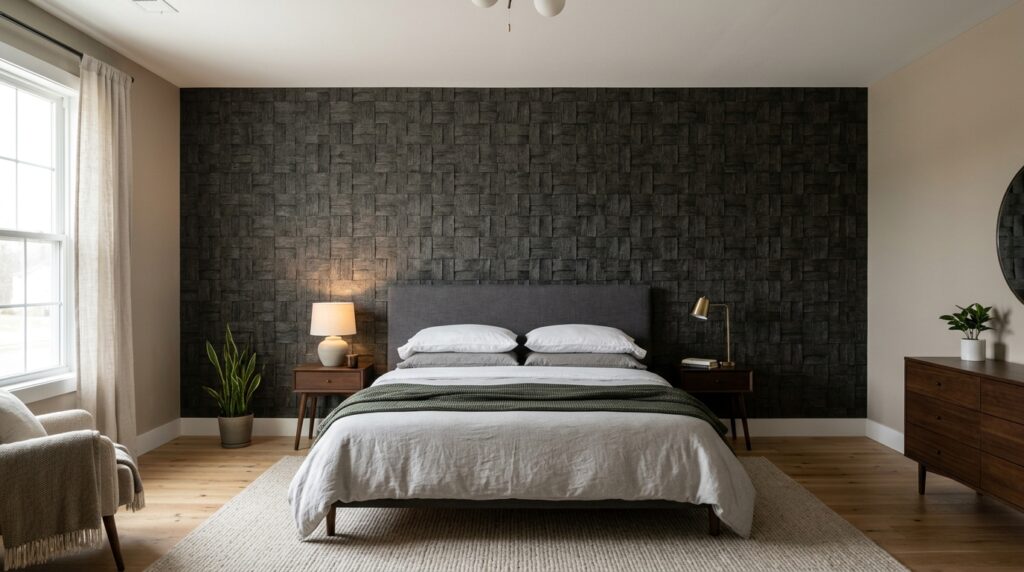 Statement wall bedroom idea for couples with bold accent wall behind the headboard