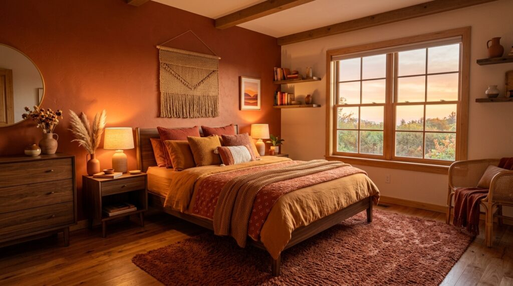Terracotta sunset bedroom idea for couples with warm amber tones and wood furniture