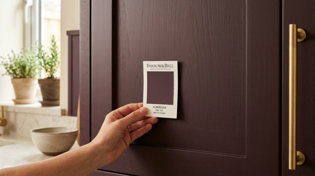 Deep plum aubergine paint shade on kitchen cabinet