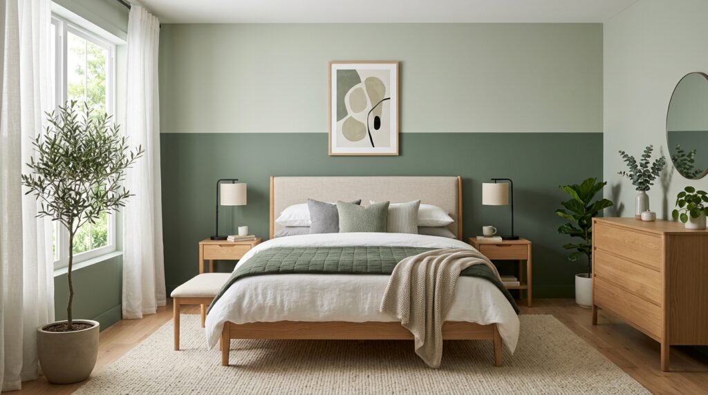 Two-tone color block bedroom idea for couples with chair-rail height wall split