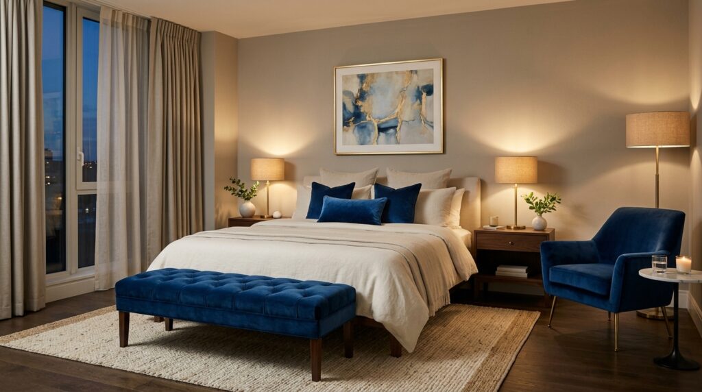 Velvet accent bedroom idea for couples with jewel-toned bench and neutral base palette