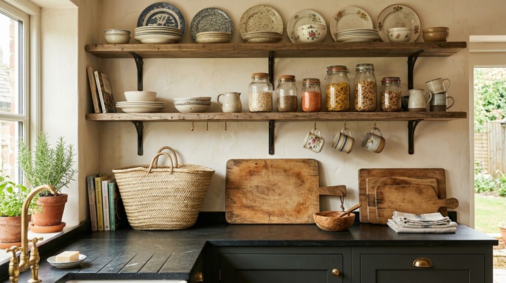 Vintage plates and mugs on open shelving in dark cottagecore kitchen