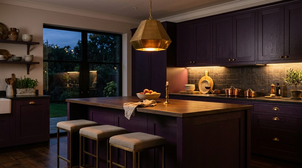 Warm brass pendant lighting over aubergine kitchen island