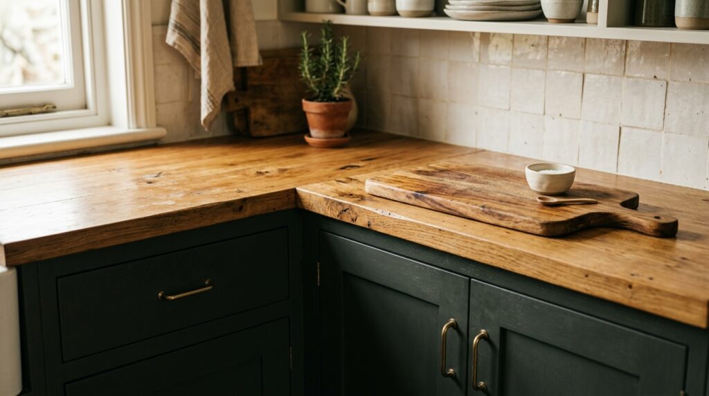 Warm wood countertop paired with dark cottagecore kitchen cabinets