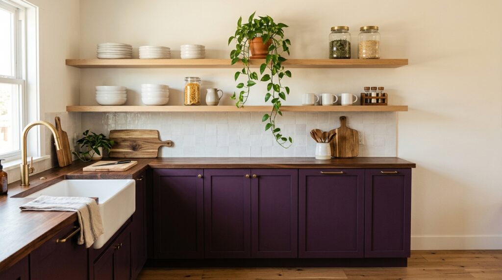 Open wood shelving above aubergine kitchen cabinets