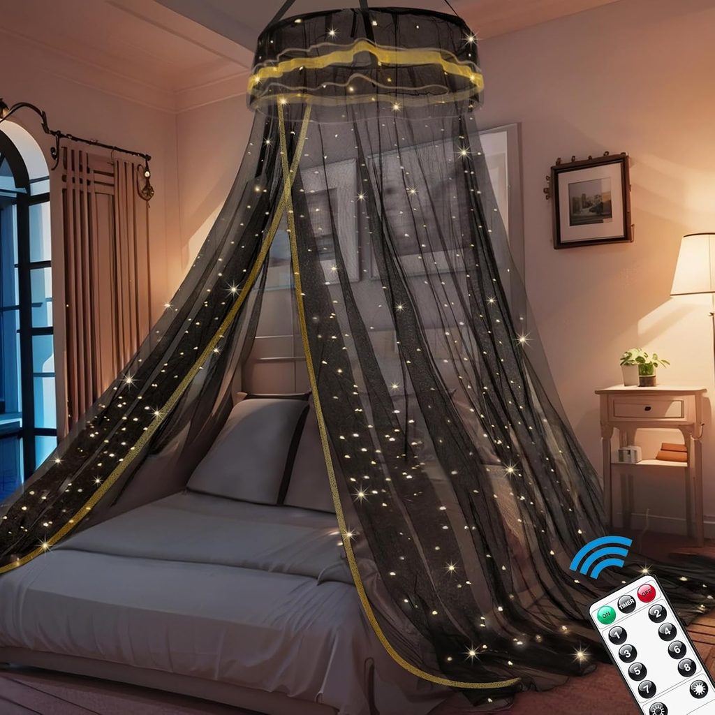 Bed canopy with warm fairy lights for cocoon sanctuary