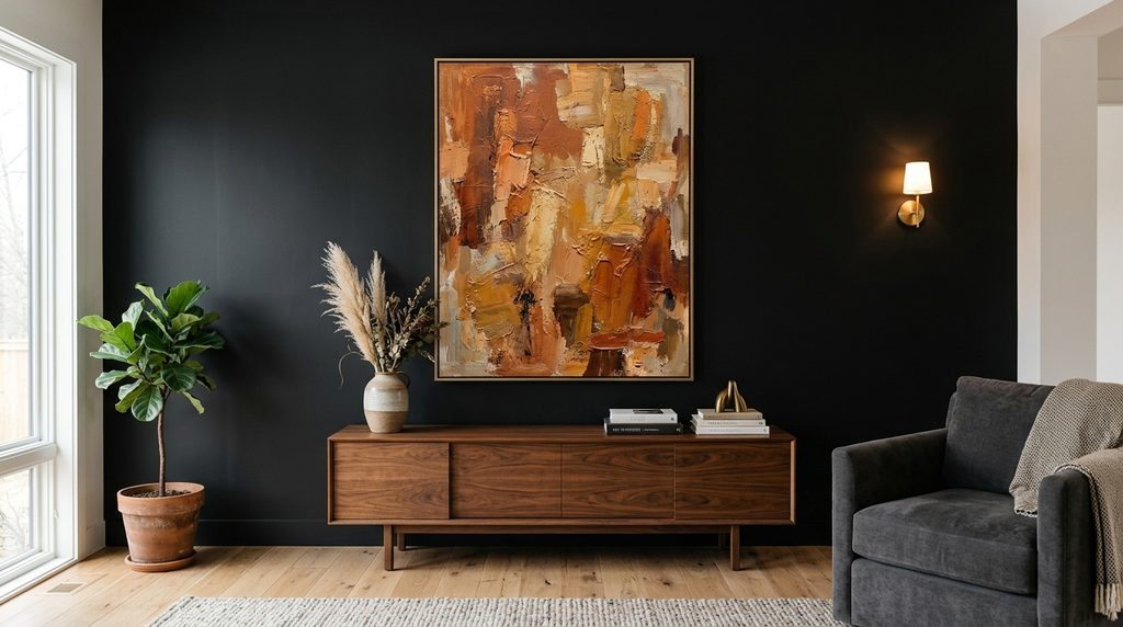 Black accent wall decor with warm-toned statement art piece