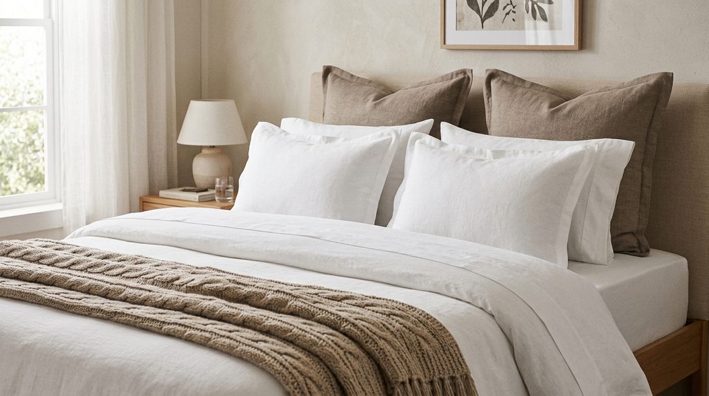 Hotel-style layered bedding with coordinating pillow shams