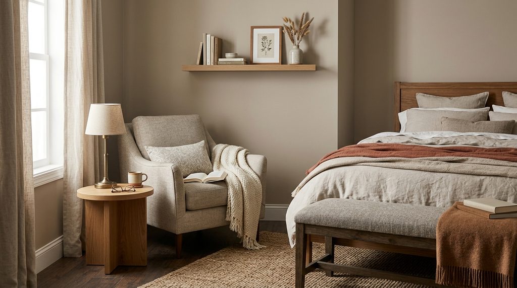 Dreamy bedroom seating with reading nook and bench for suite feel