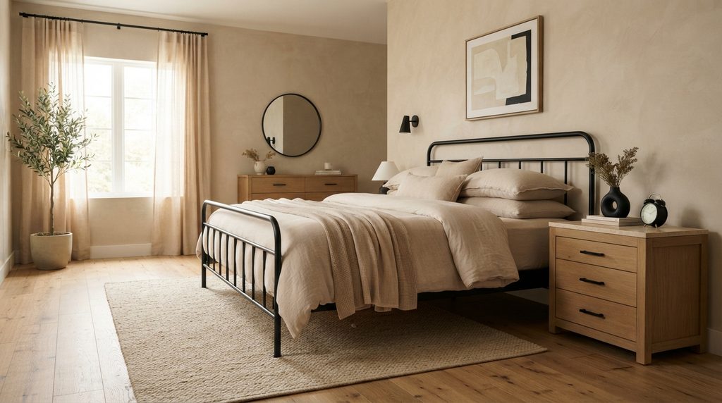 Black and beige bedroom color ratio with beige as base and black accents