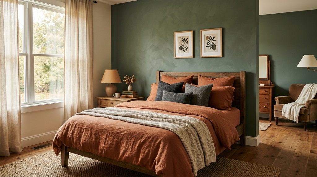 Cocoon bedroom colors with deep sage accent wall and terracotta tones