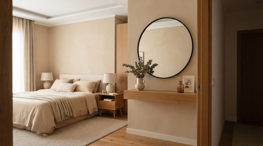 Black accent bedroom decor with large statement mirror as focal point
