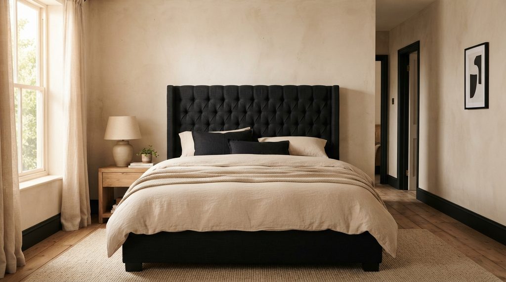 Black bedroom wall ideas with black headboard instead of full black wall