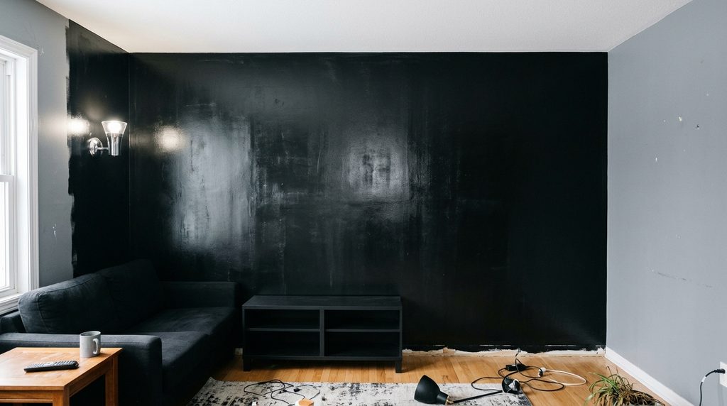 Common black accent wall mistakes with glossy finish and no contrast