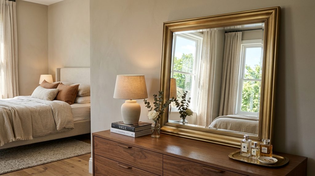 Dreamy bedroom mirrors with brass frame reflecting natural light
