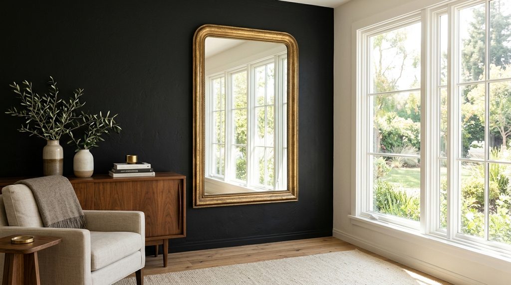 Black wall mirror placement reflecting natural light in living room