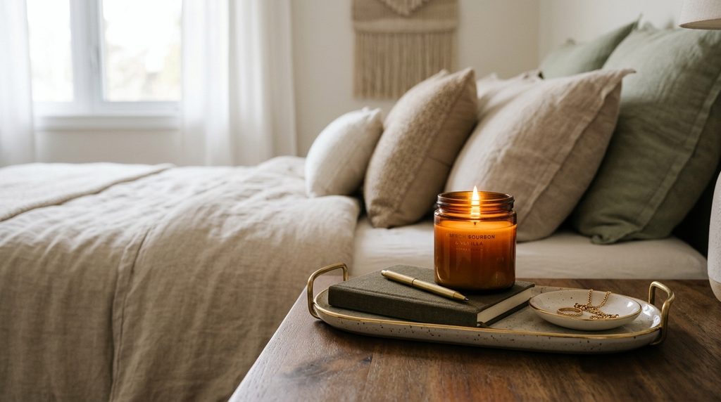 Hotel-style bedroom styling with tray and scented candle detail