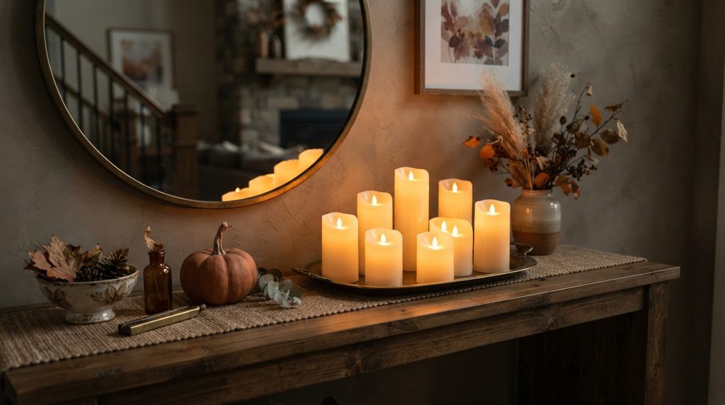 Halloween home decor lighting with grouped flameless candles at varying heights