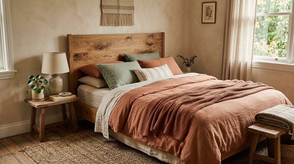 Cocoon bedroom textures with wood headboard and jute rug