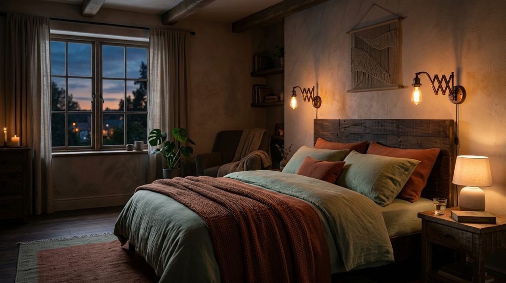 Cocoon bedroom lighting with warm amber wall sconces at dusk
