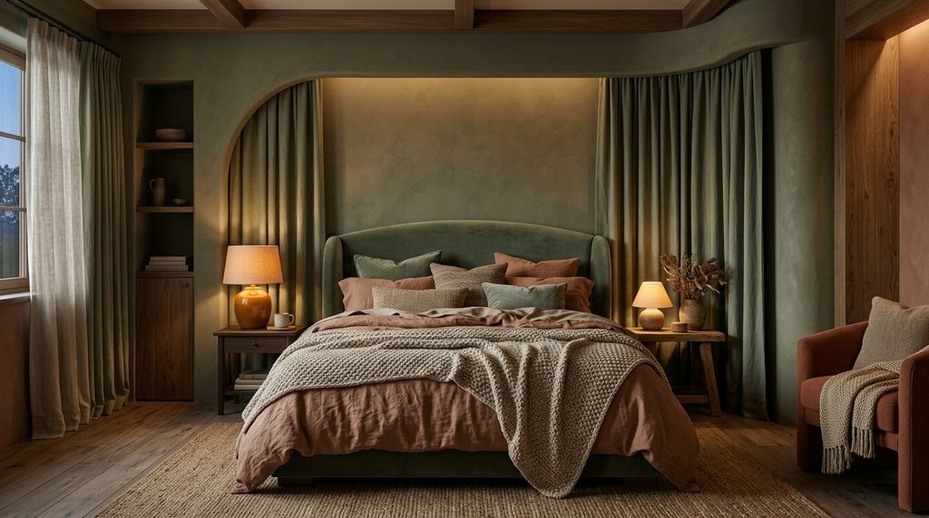 Cocoon bedroom sanctuary with deep sage green tones, layered soft textures, warm lighting, and an enclosed cozy feel