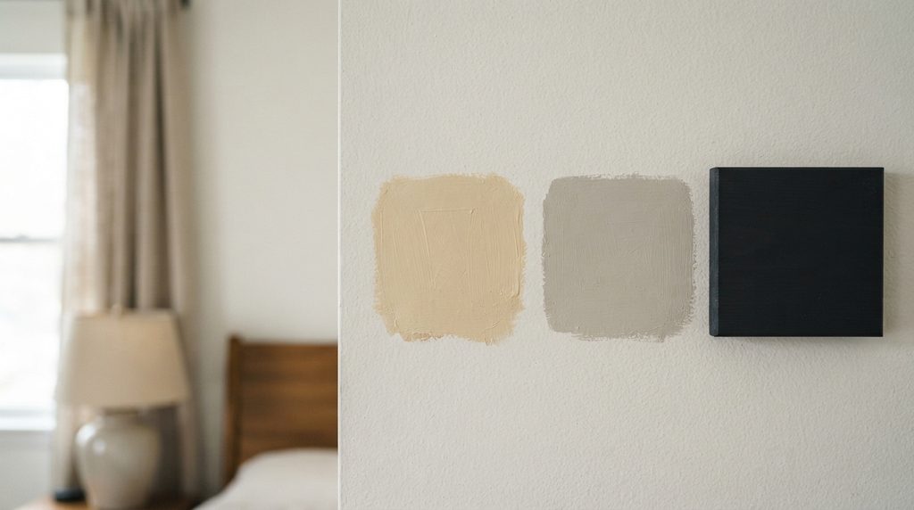 Warm beige bedroom paint compared to cool gray-beige tones