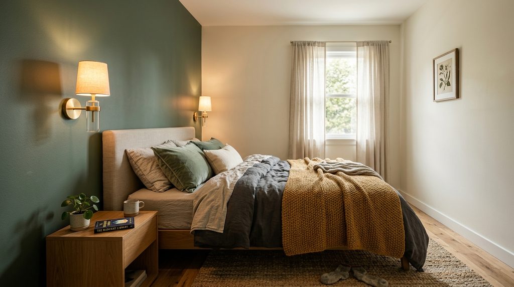 Small cocoon bedroom with one accent wall and open floor space