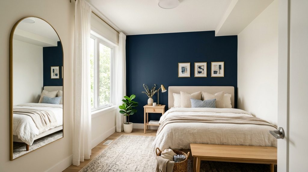 Small bedroom with a navy accent wall, large mirror, white ceiling, and natural light.