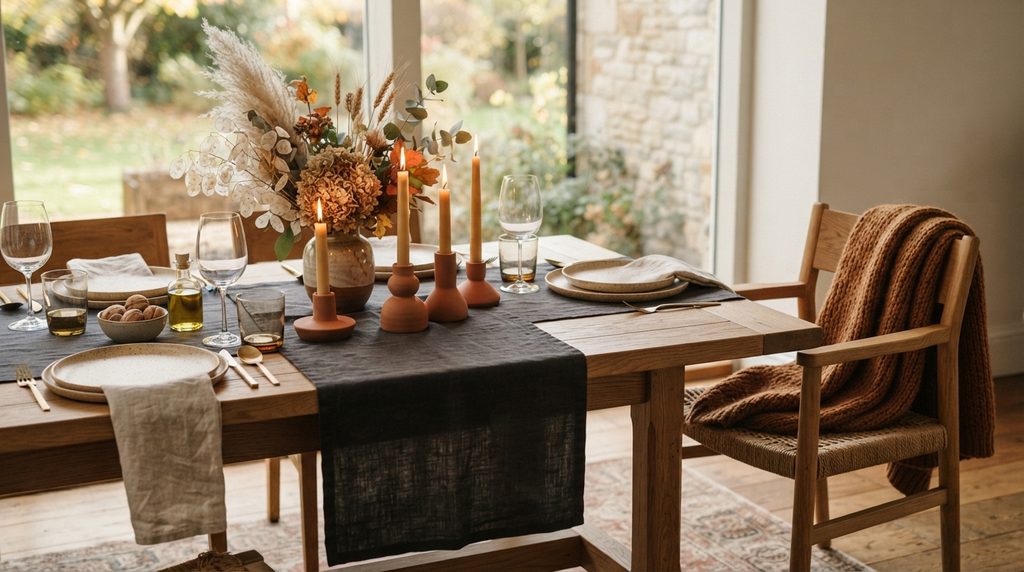 Halloween decor textiles with linen table runner and knit throw