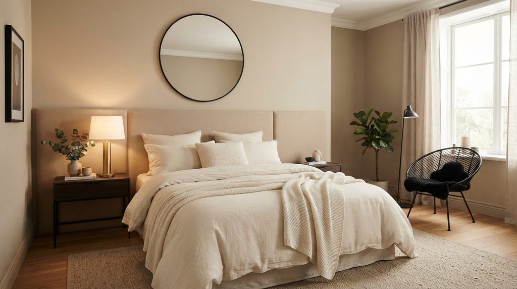 Black and beige bedroom ideas with warm beige base and black accents