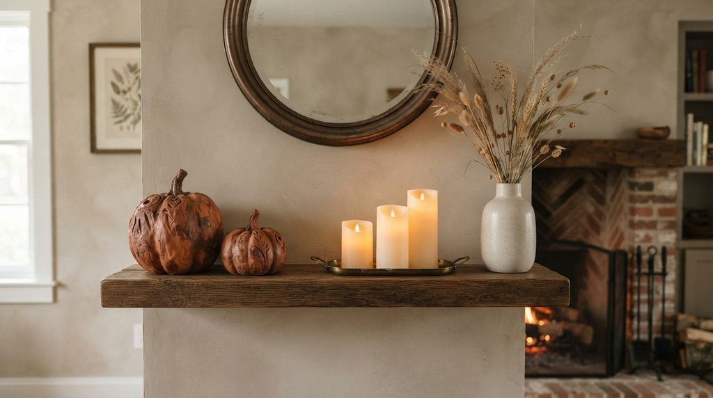 Halloween mantel decor with curated terracotta pumpkins and candles