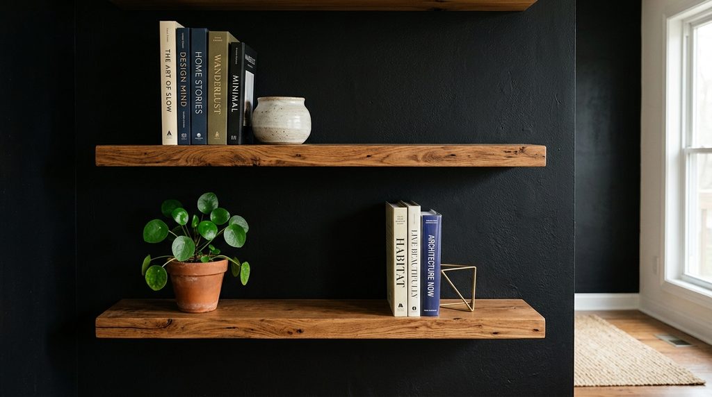 Black accent wall shelving with wood floating shelves and green plant