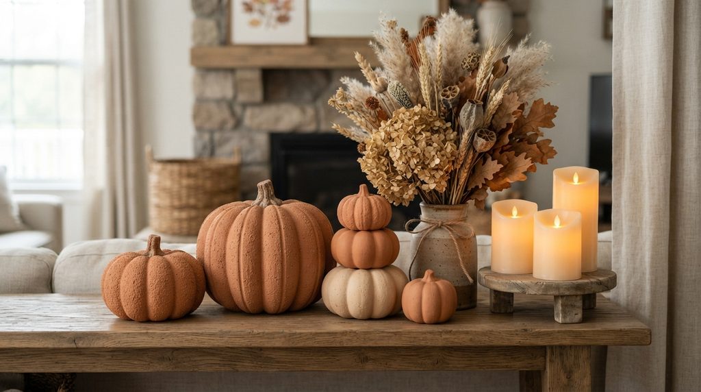 Reusable Halloween decor pieces with terracotta and dried botanicals