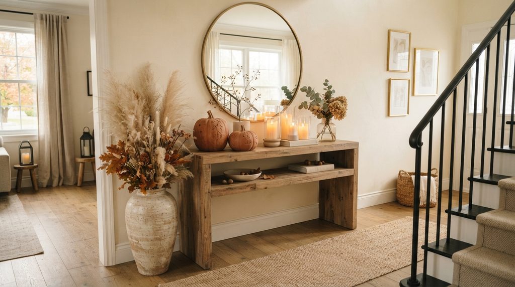 Elegant Halloween home decor with terracotta pumpkins and candles