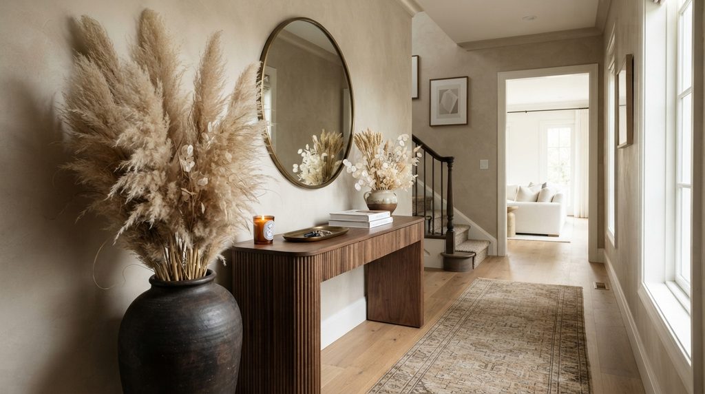 Halloween decor natural elements with pampas grass and dried botanicals