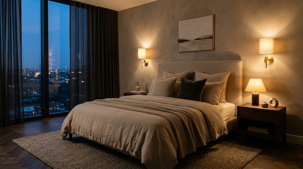 Dreamy bedroom lighting with layered wall sconces and lamp glow