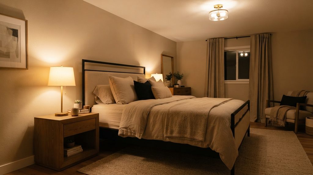 Black and beige bedroom lighting with warm brass table lamp
