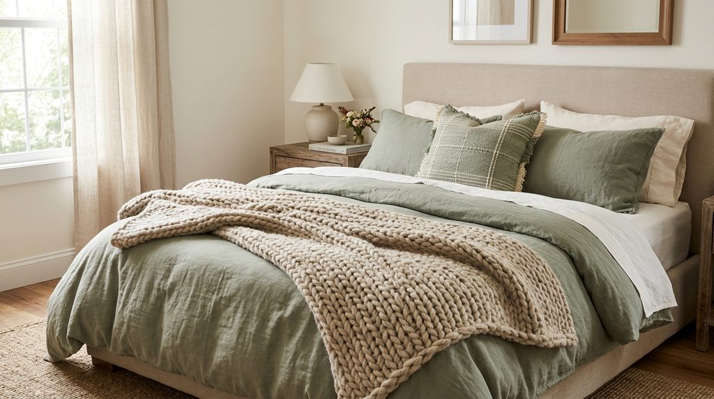 Cocoon bedroom textiles with layered knit throw and textured pillows