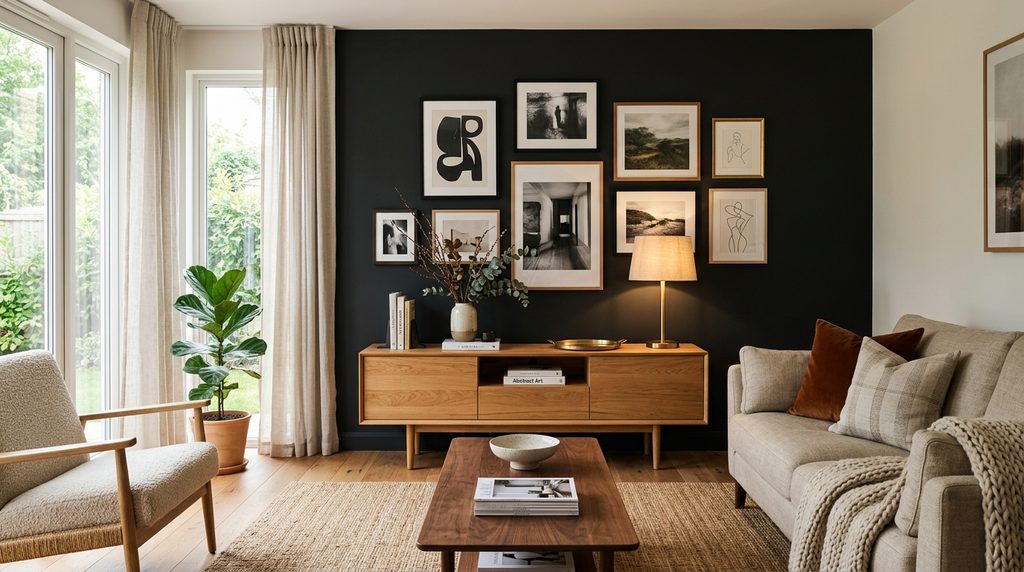 Black accent wall living room with warm wood furniture and gallery art